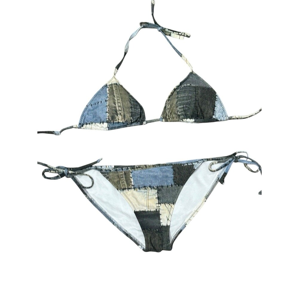 Norma Kamali Bikini Size Large Patchwork Denim Print 2 Piece Triangle Top Bottom